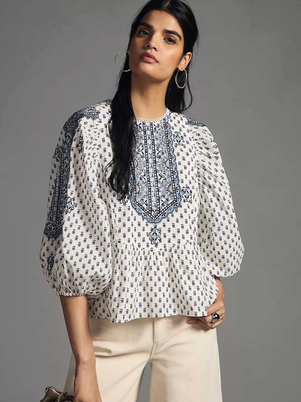 By Anthropologie Boho Printed Embroidered Peplum Peasant Blouse XS 3/4 Sleeve